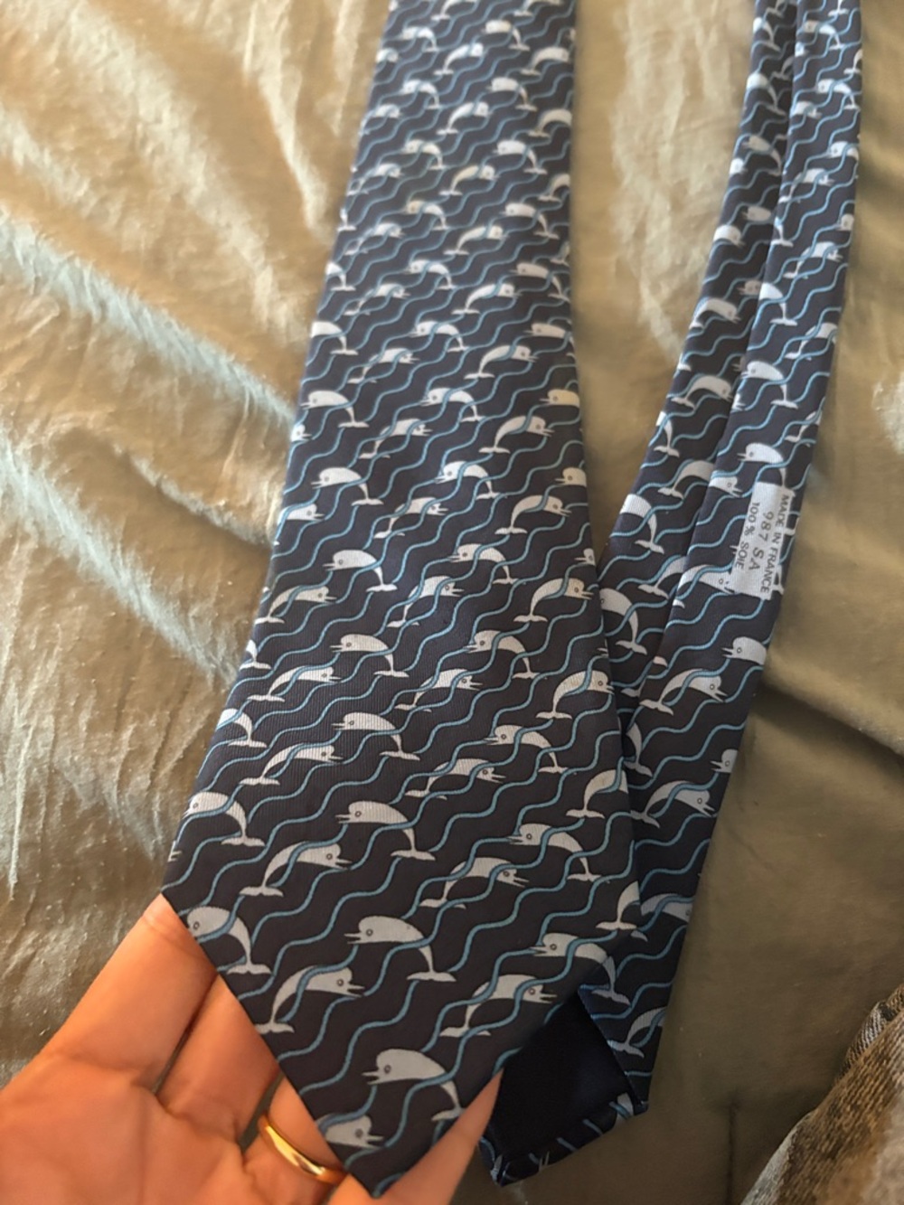 Hermes Navy Blue Tie with Light Blue and White Whale Pattern